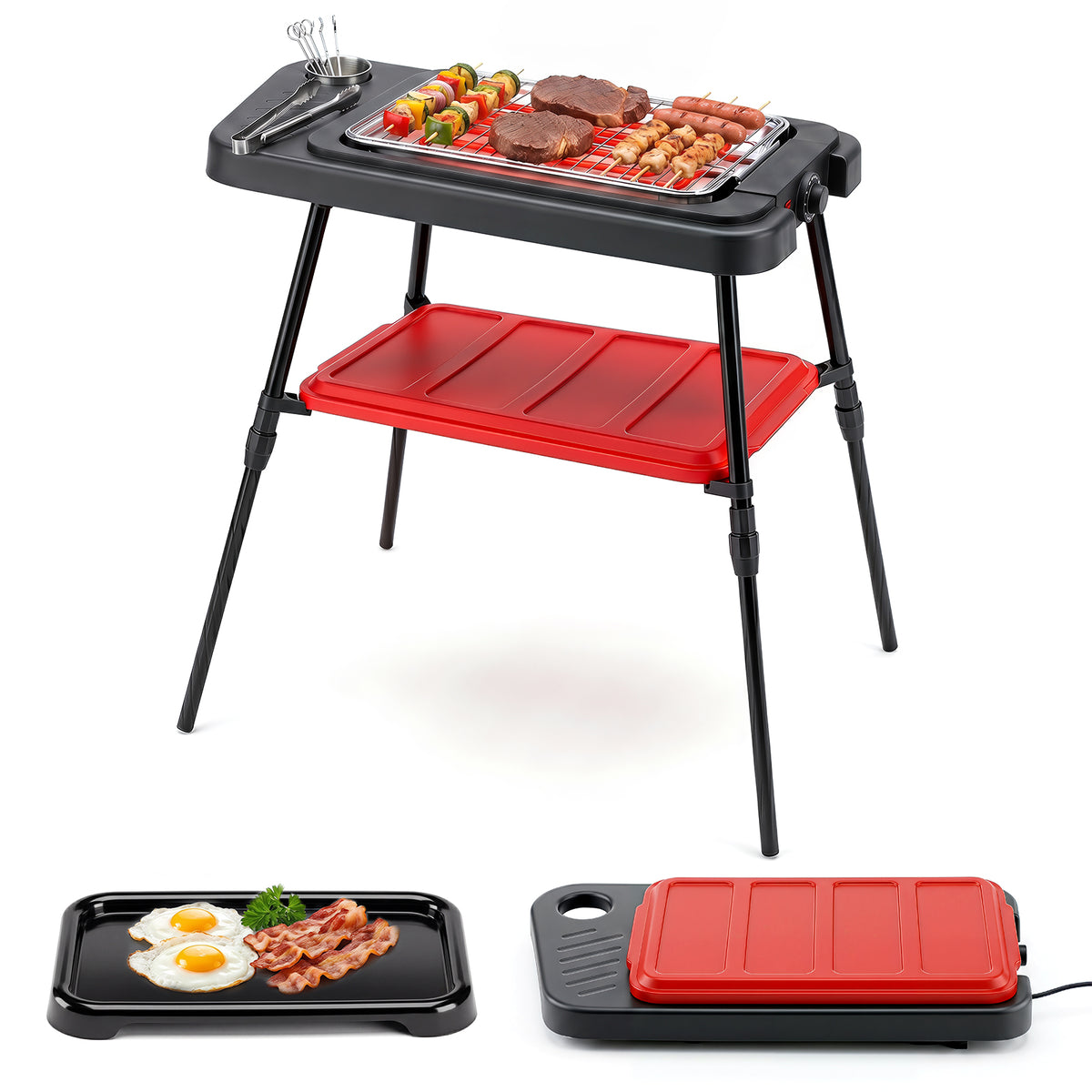2000W 2-in-1 Electric Grill with Detachable Stand & Dual Plates Low-Smoke for Balcony