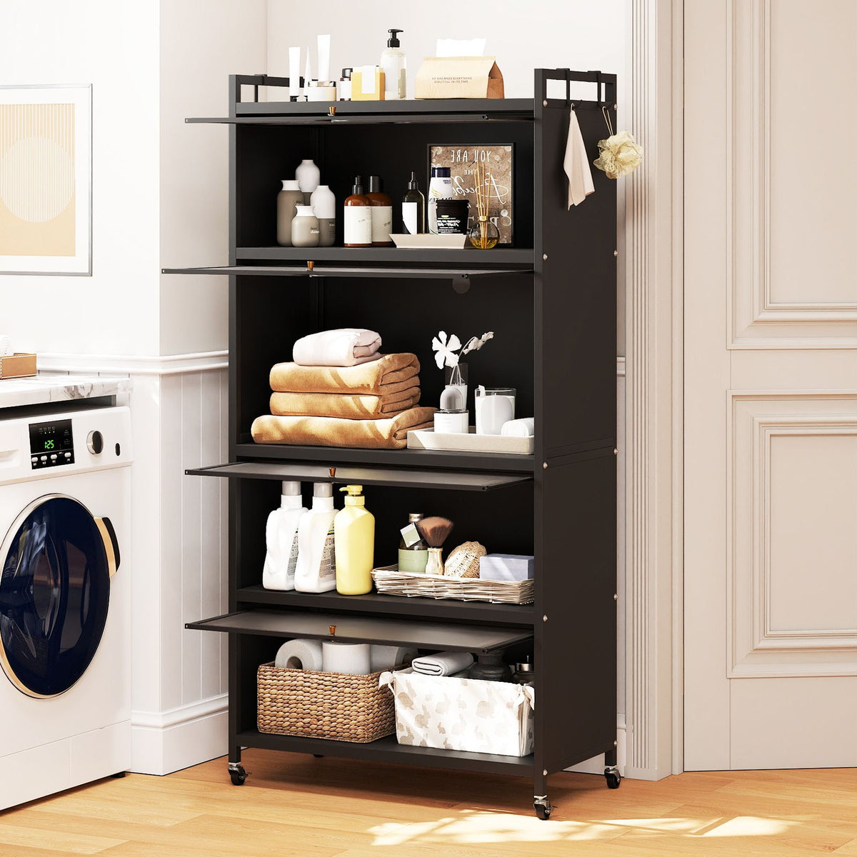 1.6 m Tall Freestanding Metal Pantry with 4 Flip-up Doors and 5-Tier