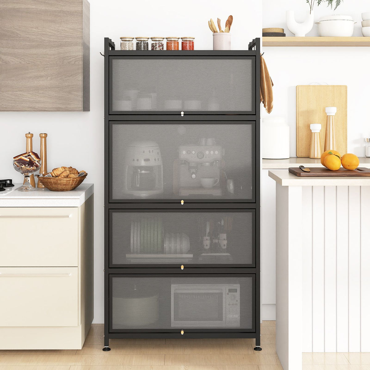 1.6 m Tall Freestanding Metal Pantry with 4 Flip-up Doors and 5-Tier