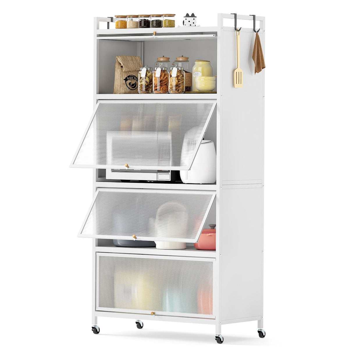 1.6 m Tall Freestanding Metal Pantry with 4 Flip-up Doors and 5-Tier