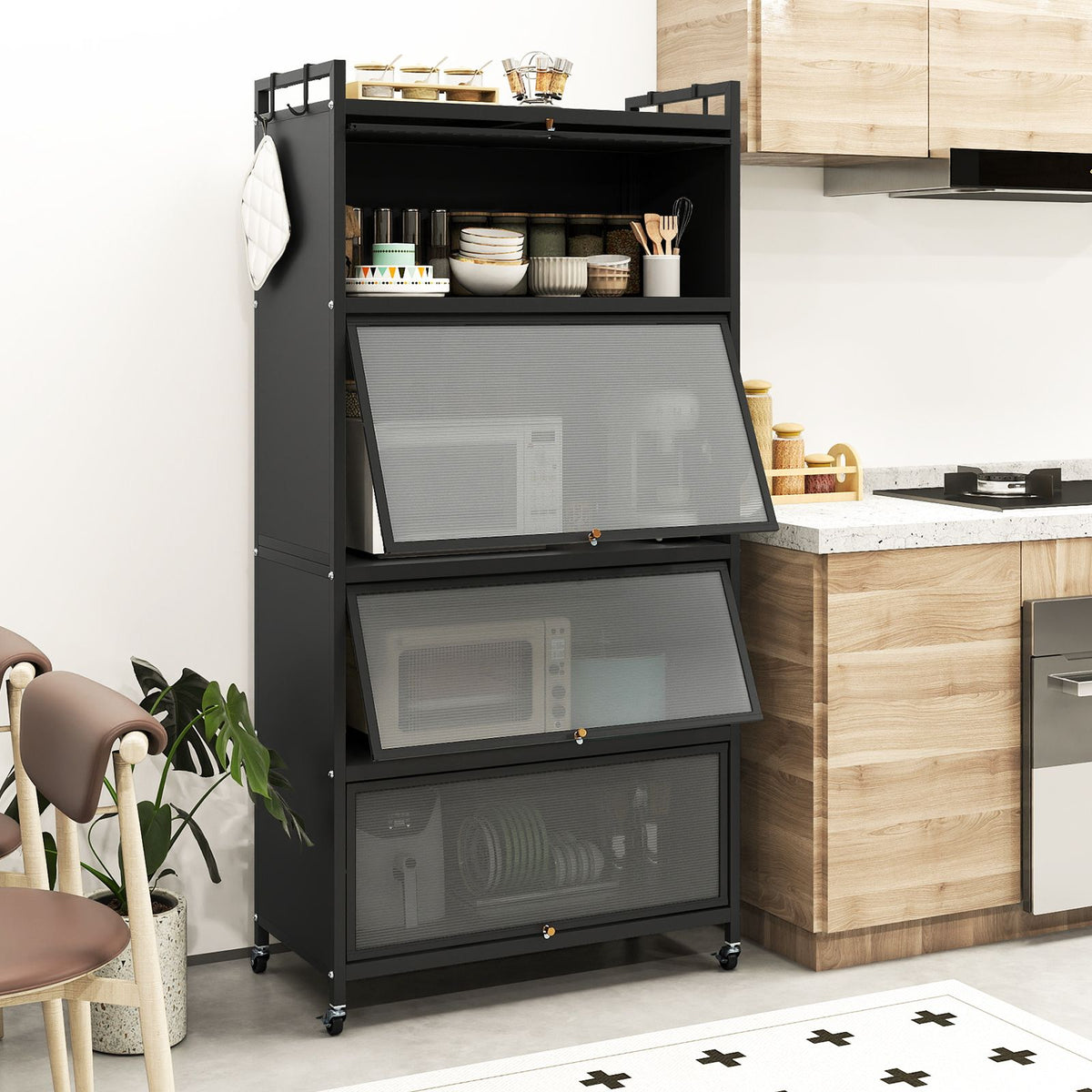 1.6 m Tall Freestanding Metal Pantry with 4 Flip-up Doors and 5-Tier