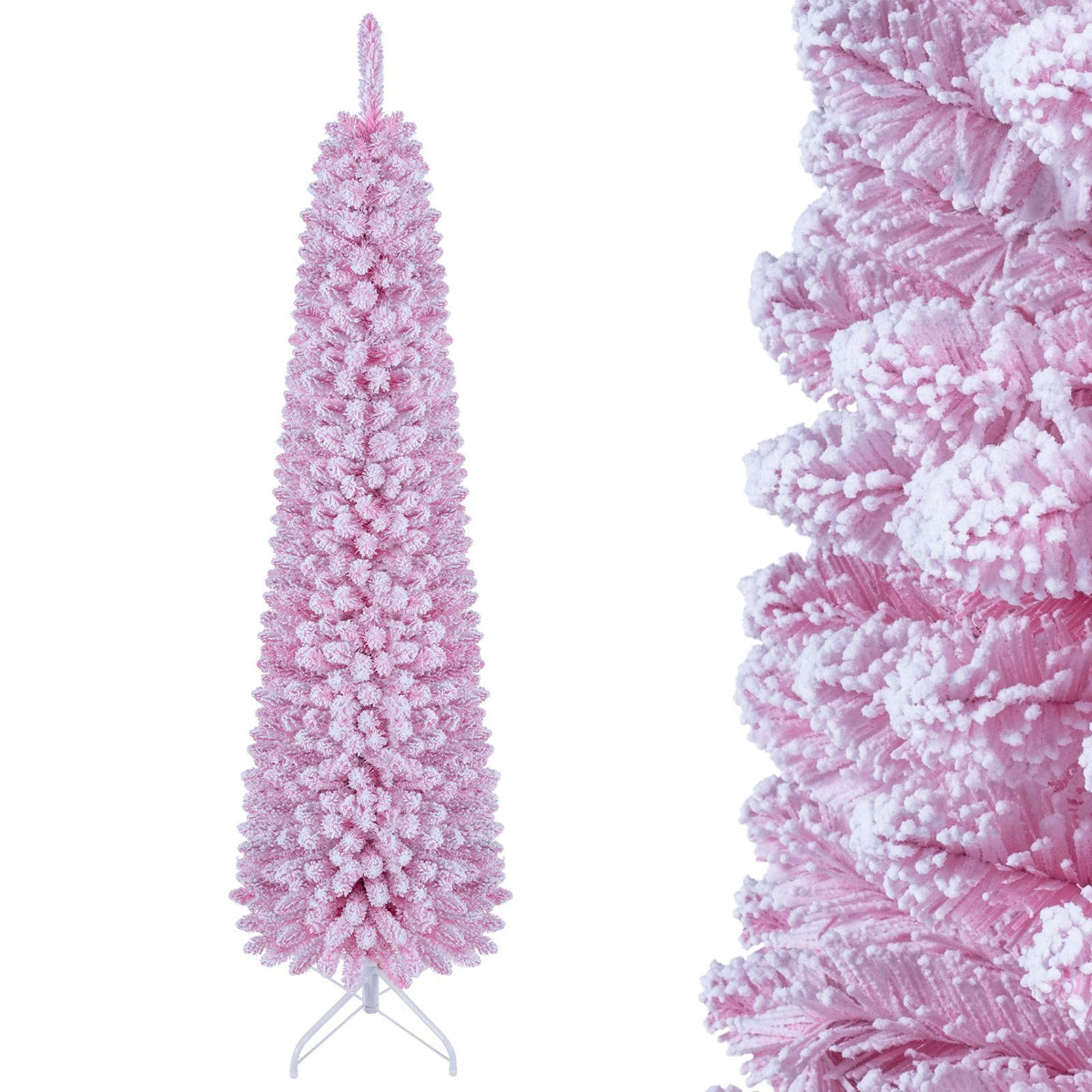 150/180/210cm Flocked Pre-Lit Pencil Christmas Tree with 8 Modes