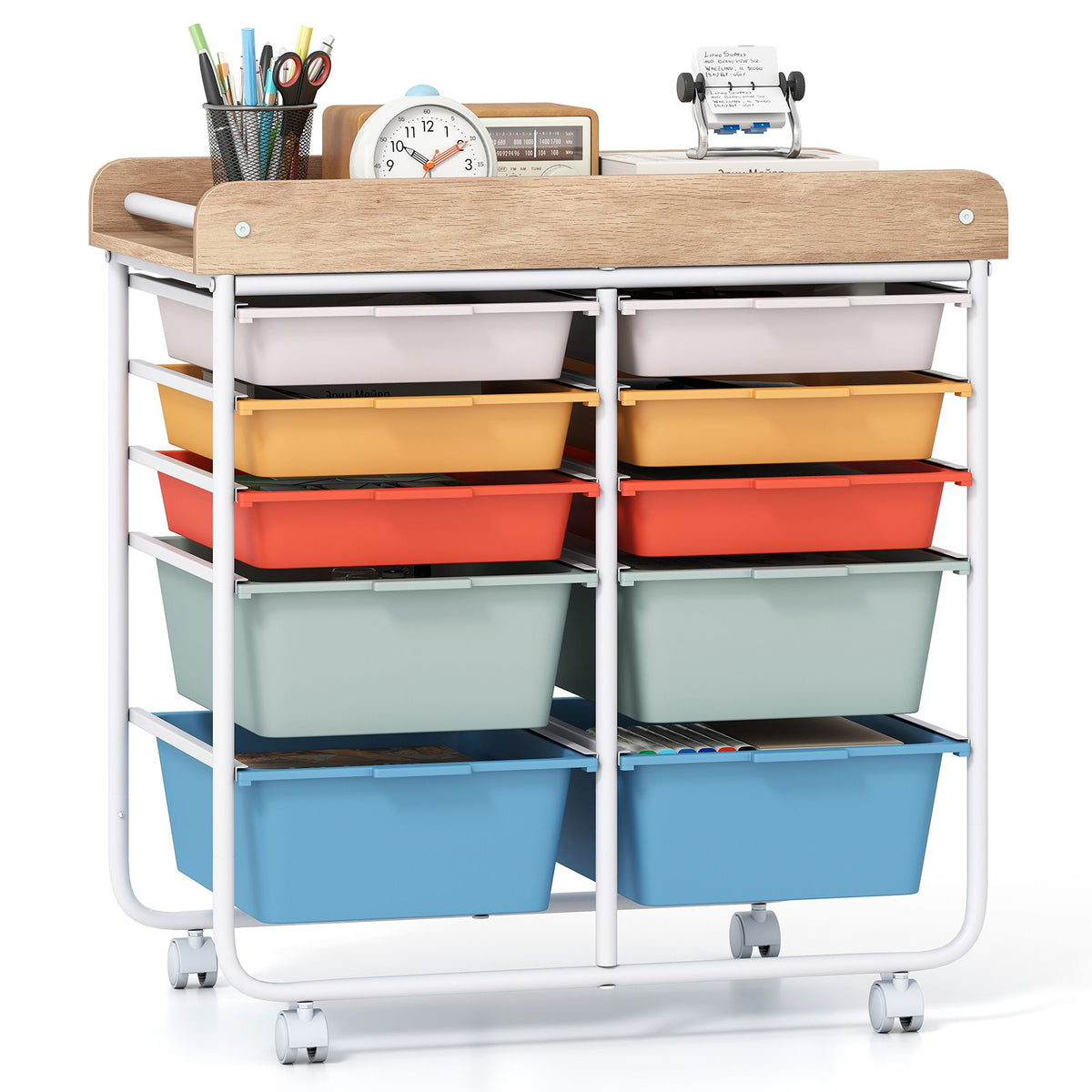 Rolling Storage Cart with 4/5/10 Drawers and Wooden Tabletop for Dorm and Classroom