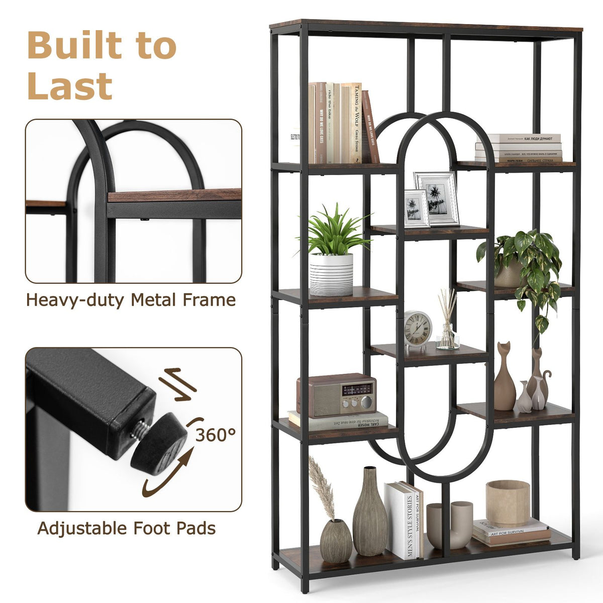 10-Tier Geometric Bookshelf 175CM with Open Shelves and Anti-Tip Kits
