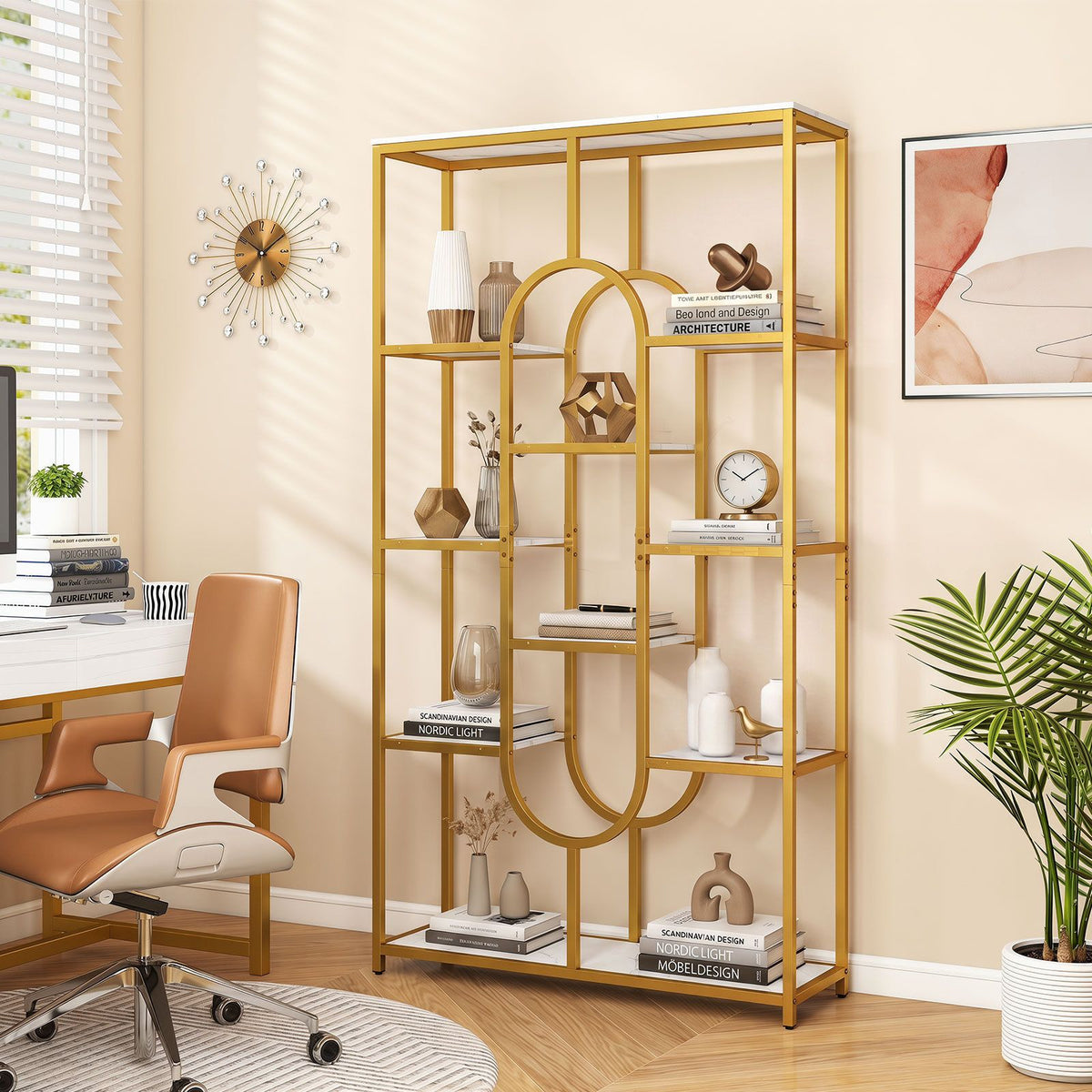 10-Tier Geometric Bookshelf 175cm with Faux Marble Shelves