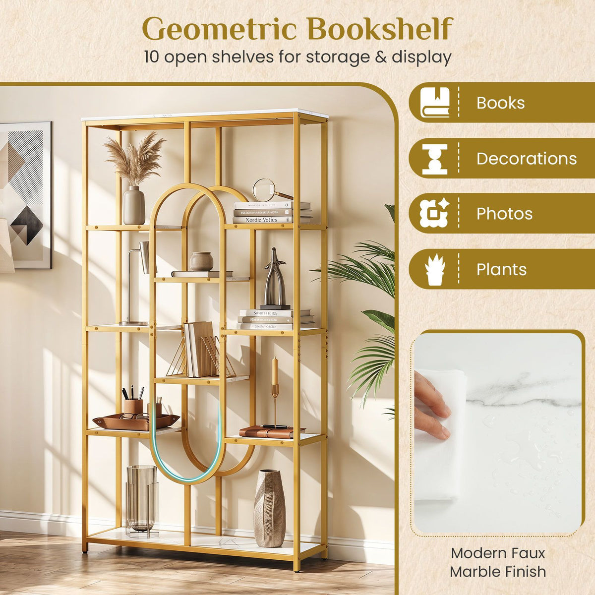 10-Tier Geometric Bookshelf 175cm with Faux Marble Shelves