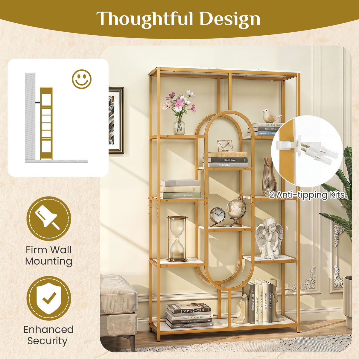 10-Tier Geometric Bookshelf 175cm with Faux Marble Shelves