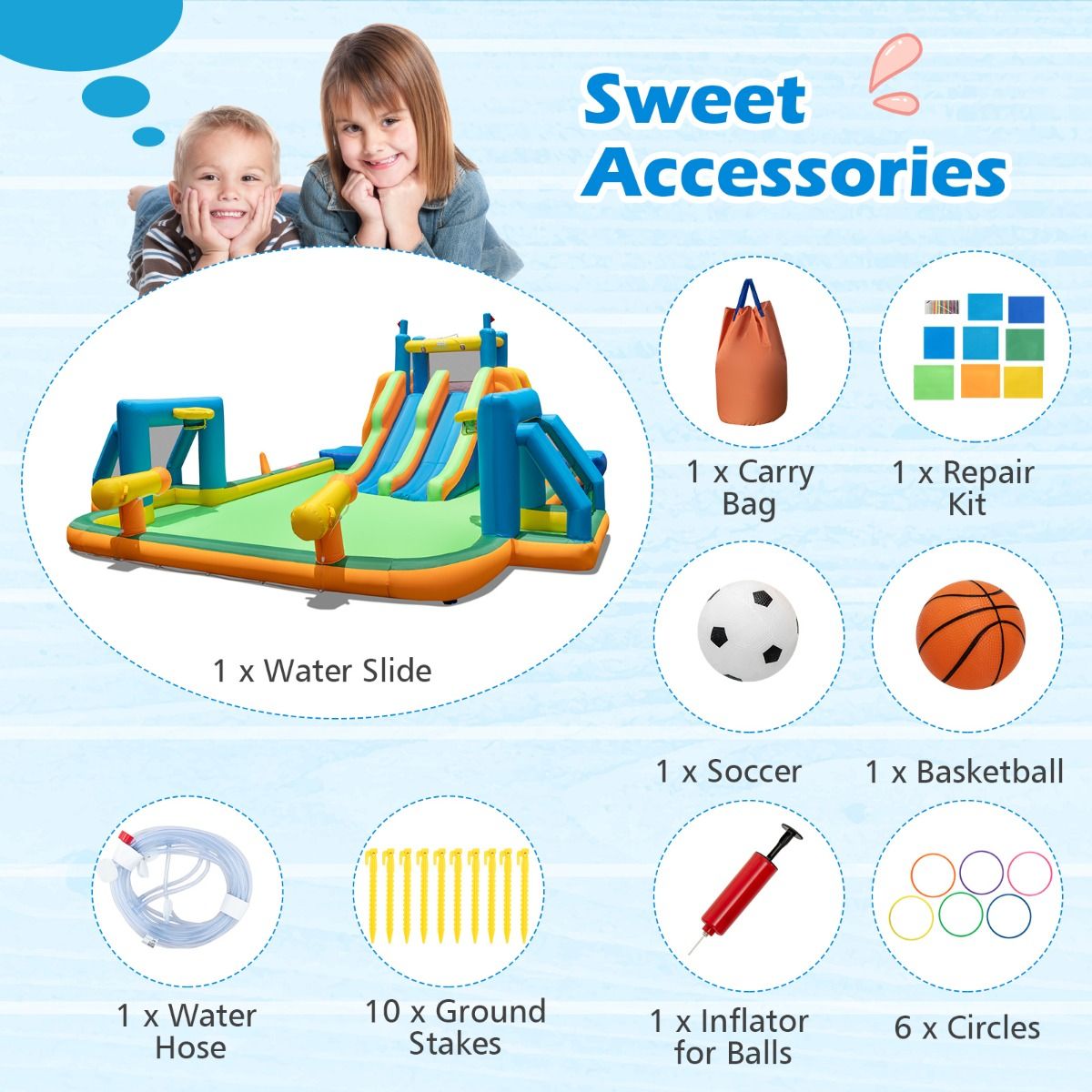 Inflatable Water Slide Water Park with 2 Long Slides and Soccer Gates (Without Blower)