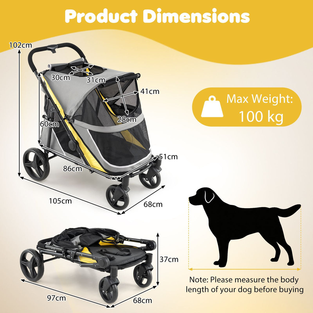 100 KG Heavy Duty Dog Stroller for Large and Medium Dogs with One-Step Foot Brake and 2 Doors