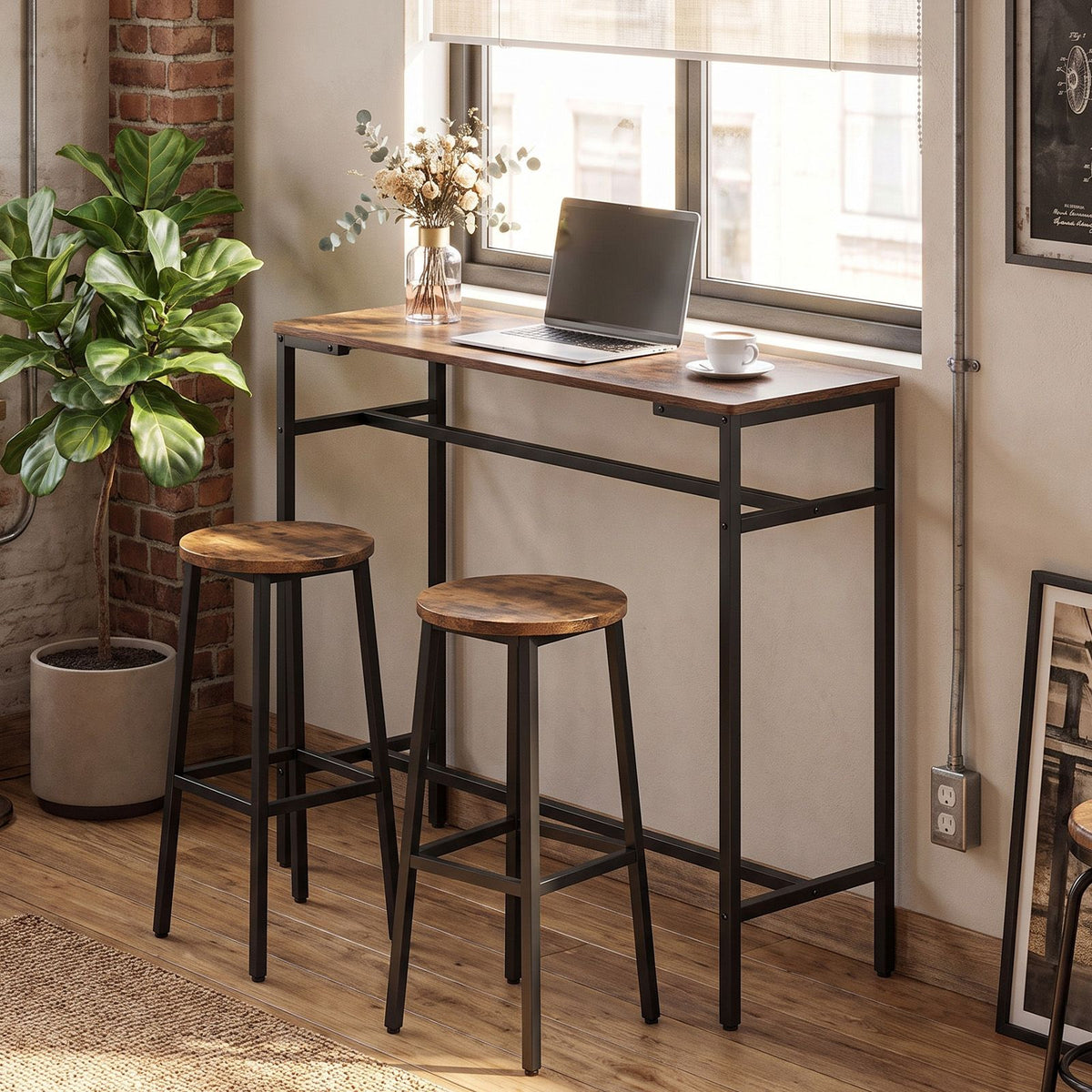 100 cm Long Bar Table with Footrest and Metal Frame