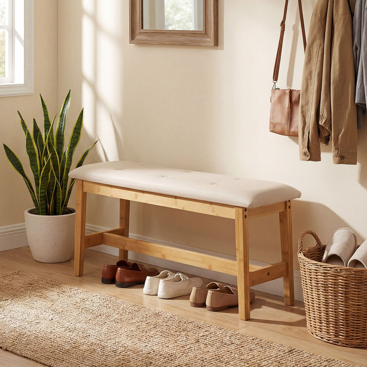100 CM Upholstered Bench with Padded Seat and Smooth PU Leather for Bedroom and Entryway