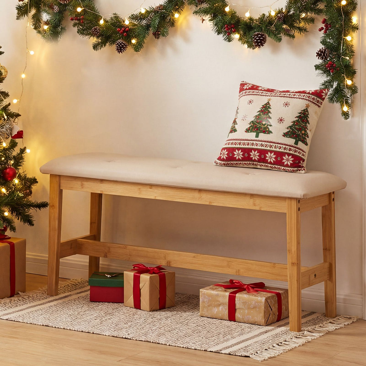100 CM Upholstered Bench with Padded Seat and Smooth PU Leather for Bedroom and Entryway