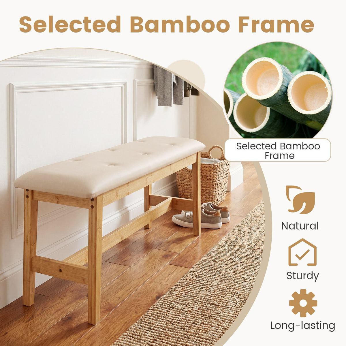 100 CM Upholstered Bench with Padded Seat and Smooth PU Leather for Bedroom and Entryway