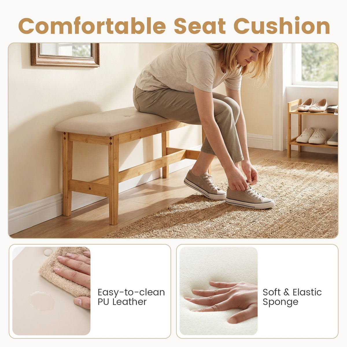 100 CM Upholstered Bench with Padded Seat and Smooth PU Leather for Bedroom and Entryway