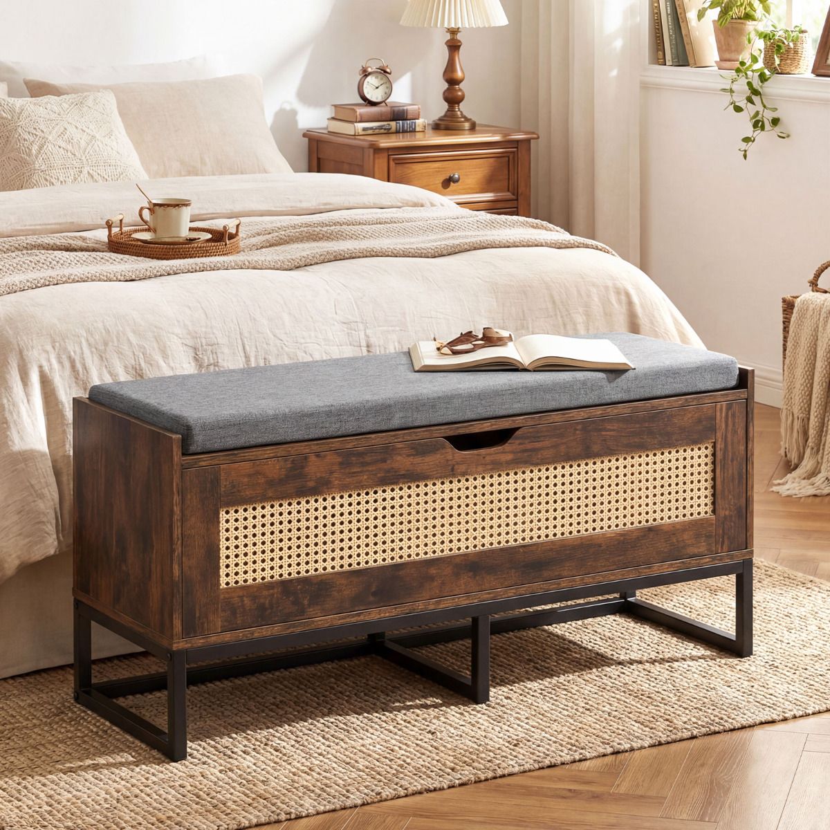100 cm Rattan Storage Chest with Padded Seat Flip-Top