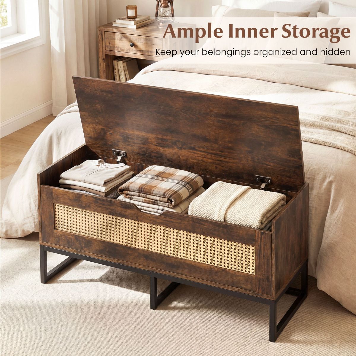 100 cm Rattan Storage Chest with Padded Seat Flip-Top