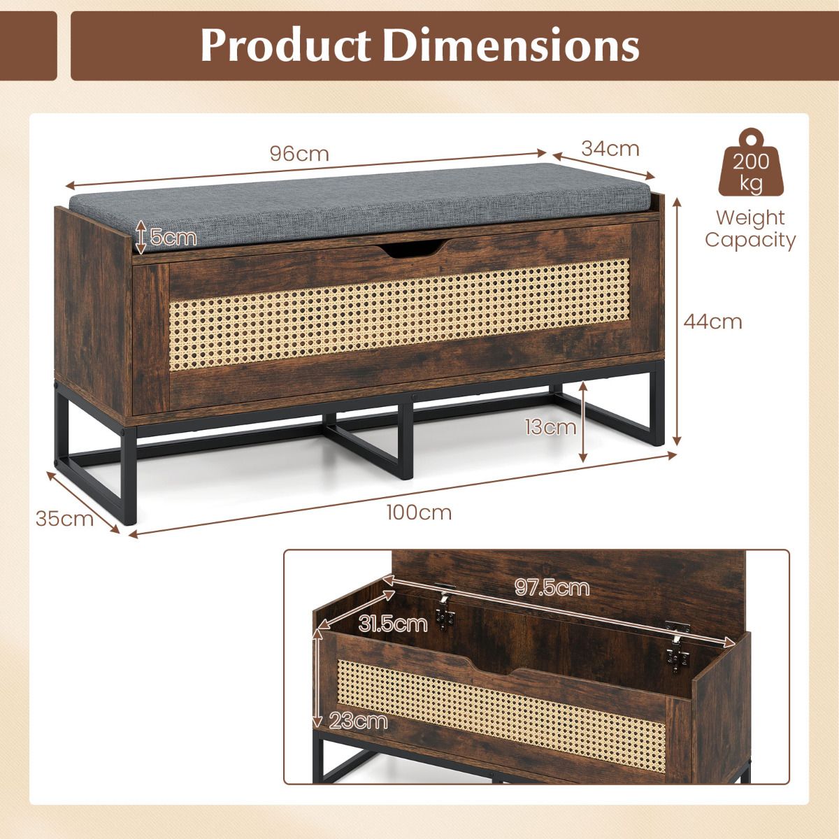 100 cm Rattan Storage Chest with Padded Seat Flip-Top