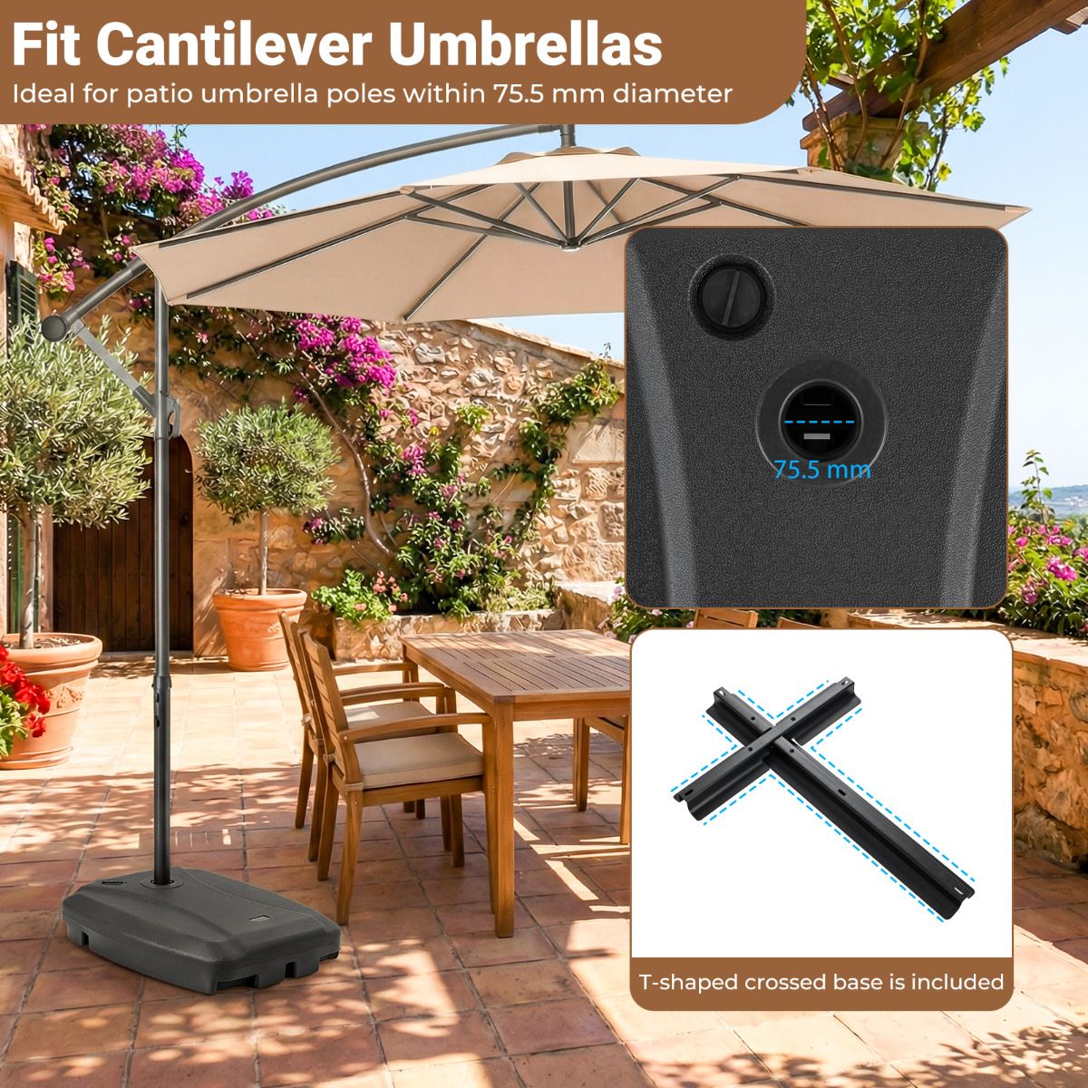 100 KG Cantilever Umbrella Base with Wheels and Cross Base