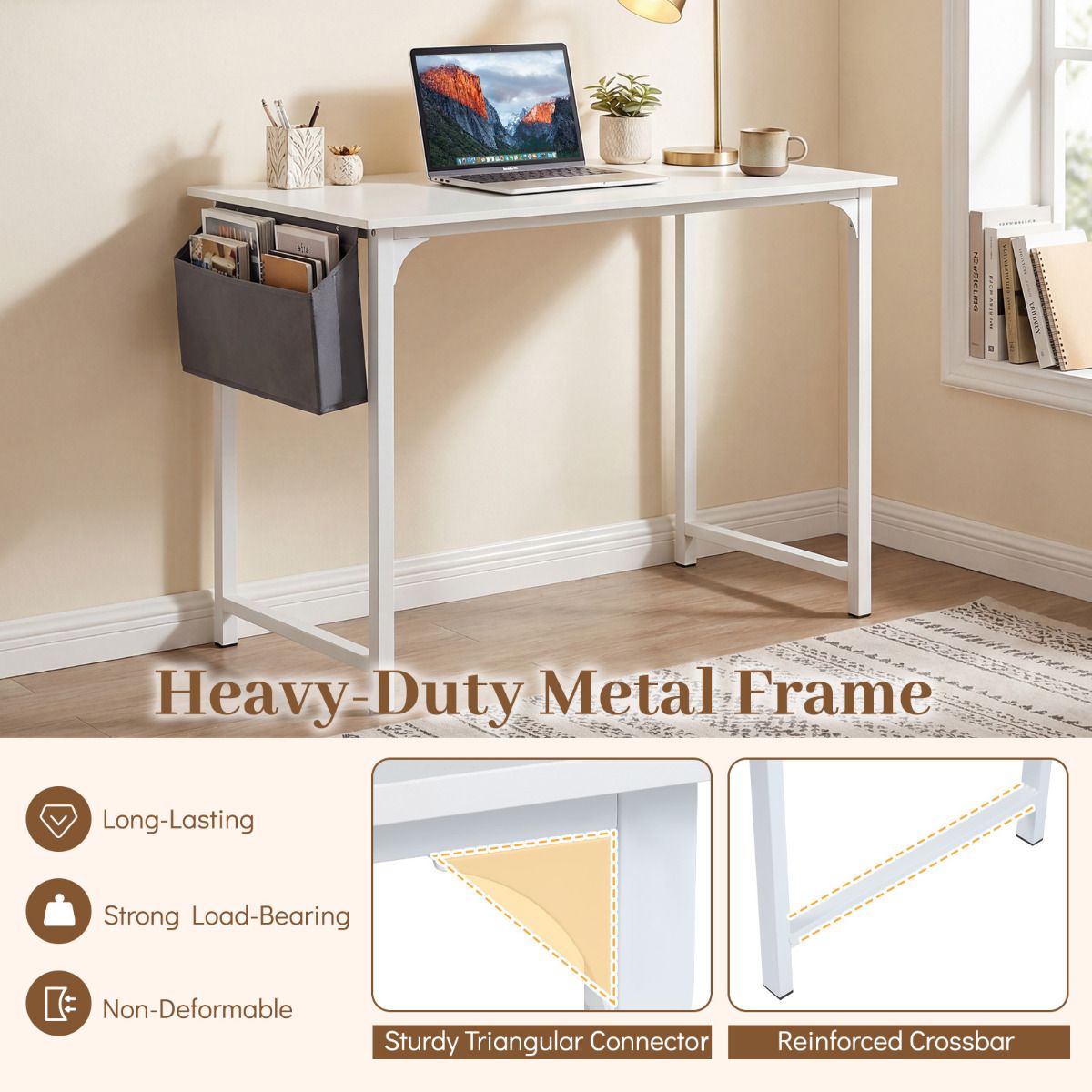 100cm Computer Desk Industrial Study Writing Desk with Storage Bag and Hanging Hook