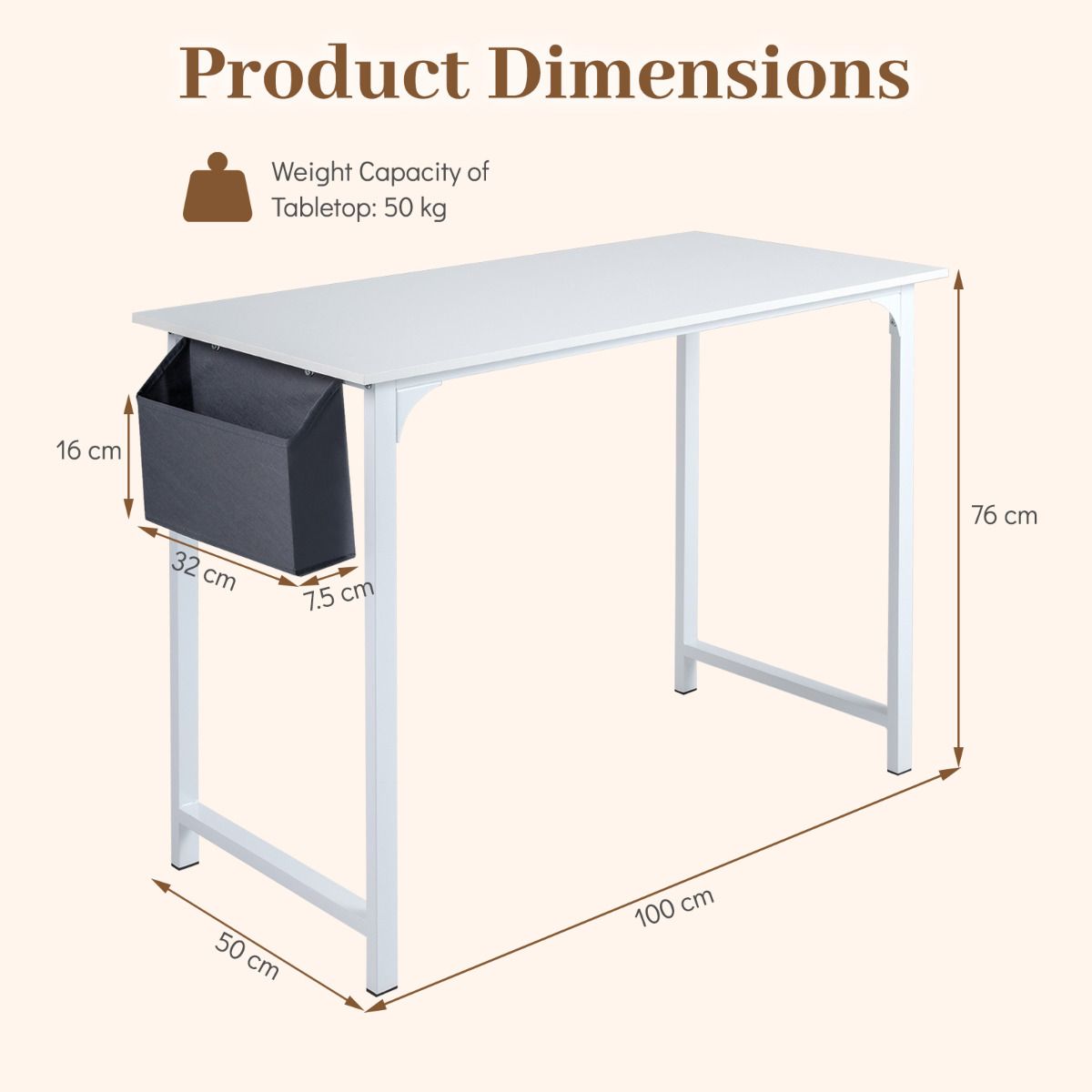 100cm Computer Desk Industrial Study Writing Desk with Storage Bag and Hanging Hook