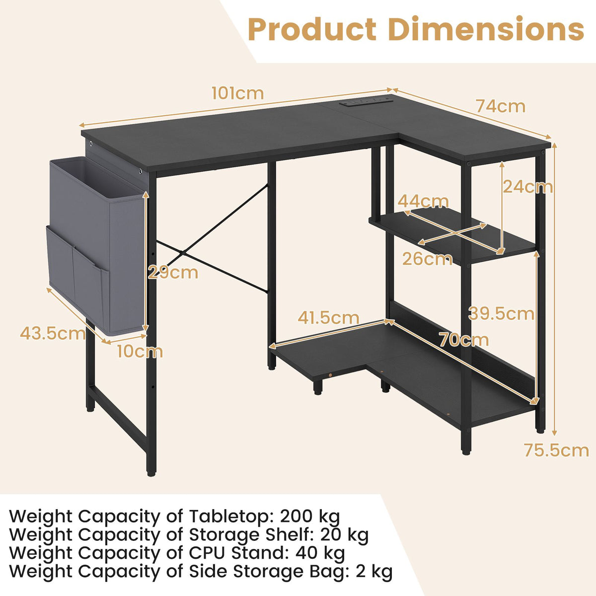 101cm L-Shaped Computer Desk with Integrated Charging Hub