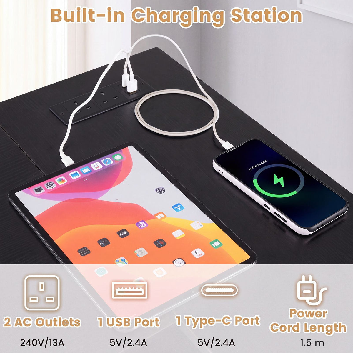 101cm L-Shaped Computer Desk with Integrated Charging Hub