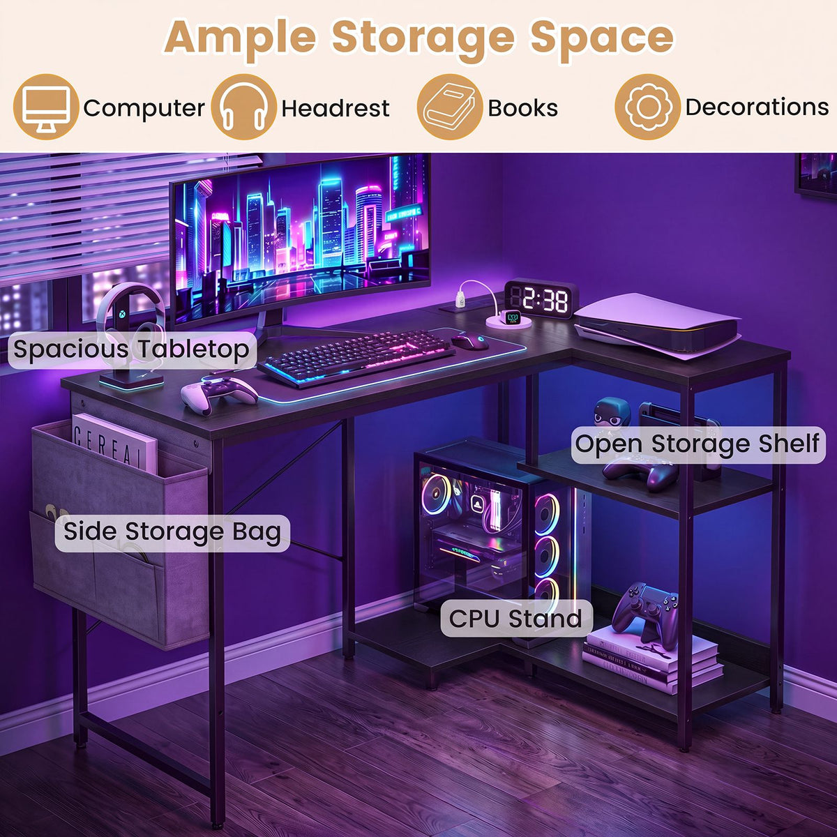 101cm L-Shaped Computer Desk with Integrated Charging Hub