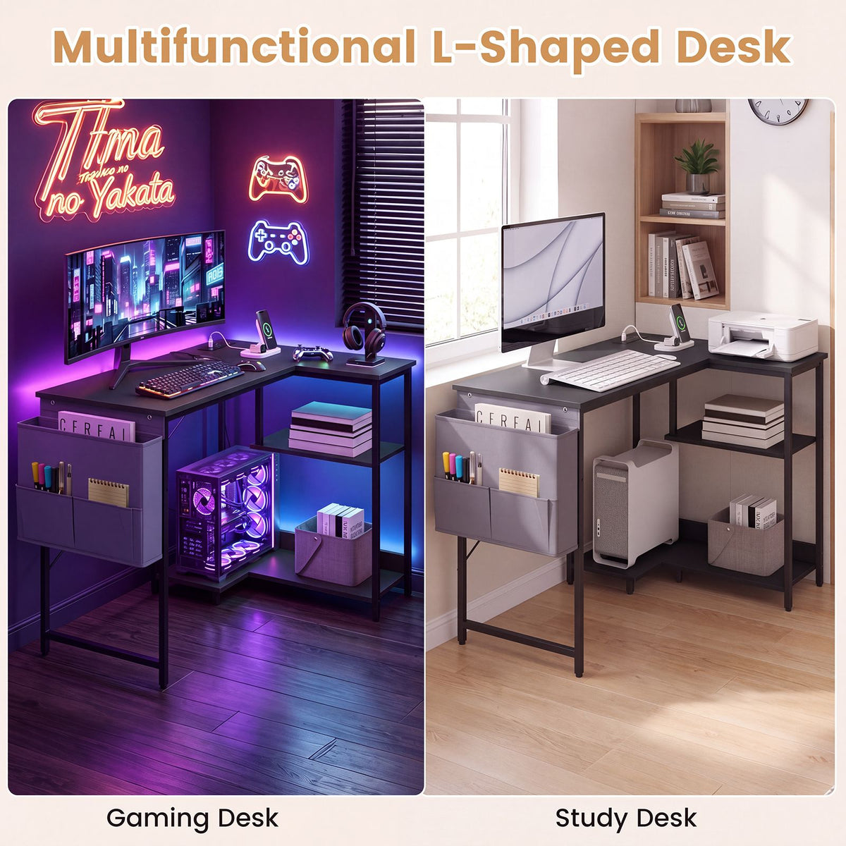 101cm L-Shaped Computer Desk with Integrated Charging Hub