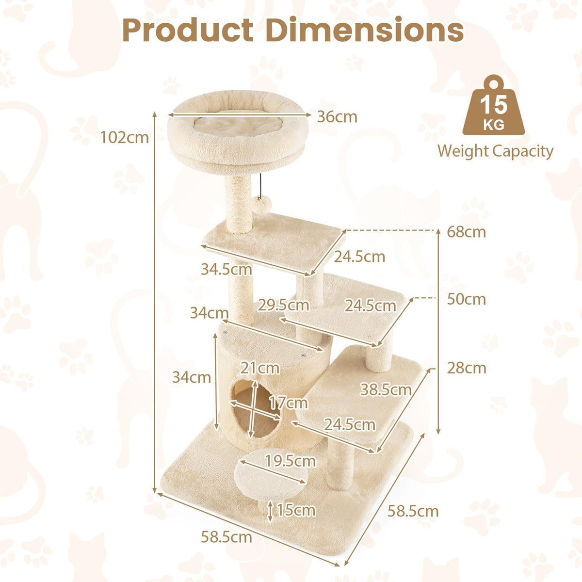 102cm Cat Tree for Adults cats Multi-level with Condo and Padded Perch Bed