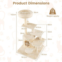 102cm Cat Tree for Adults cats Multi-level with Condo and Padded Perch Bed