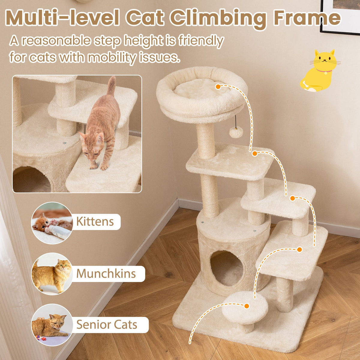 102cm Cat Tree for Adults cats Multi-level with Condo and Padded Perch Bed