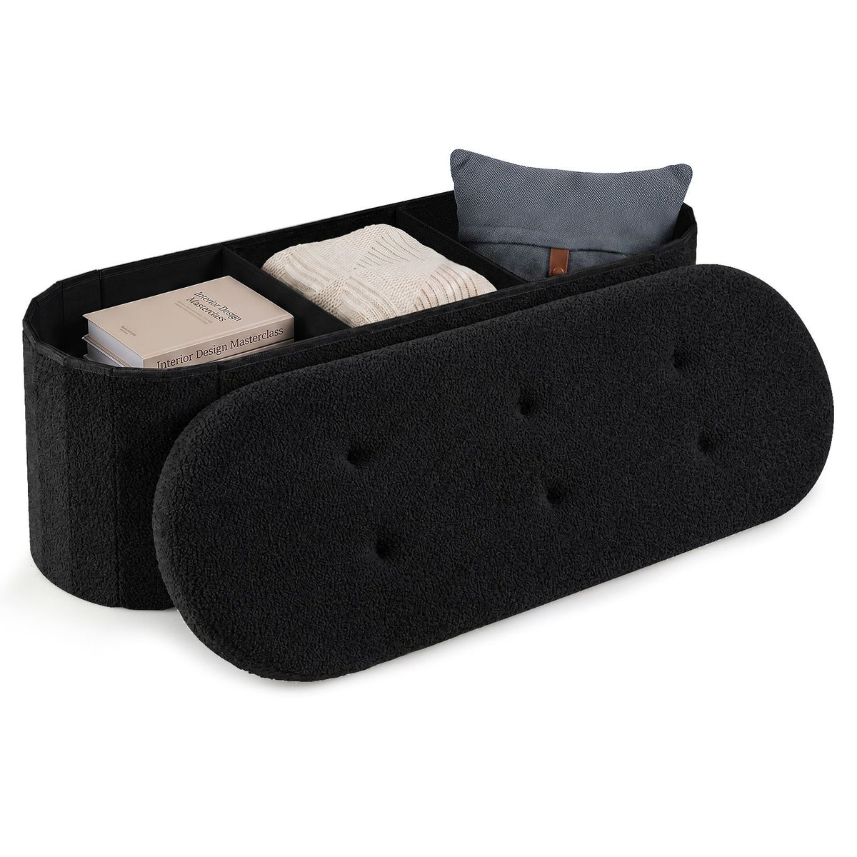 109cm Oval Storage Ottoman Bench with Dividers & Folding Boucle Footrest for Entryway