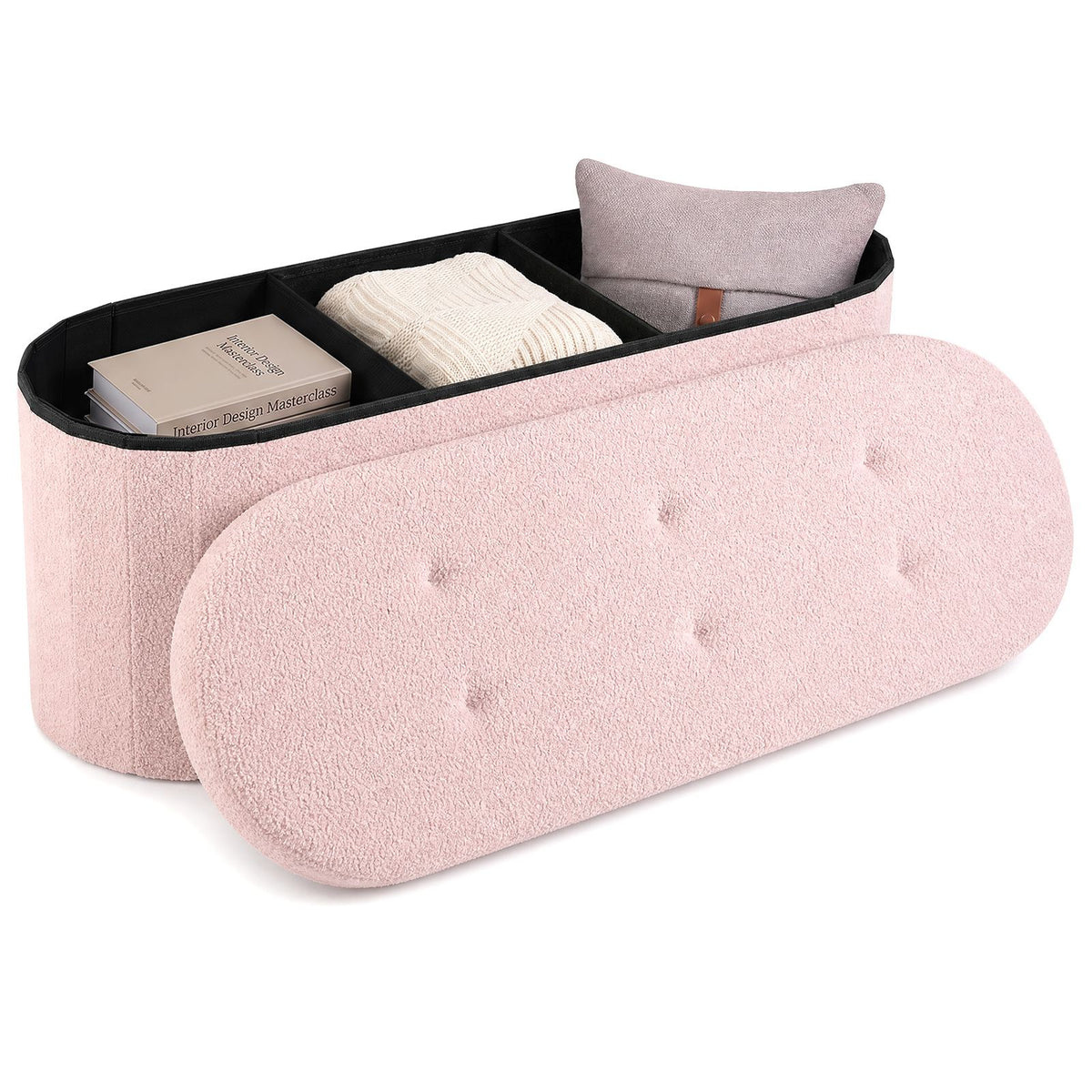 109cm Oval Storage Ottoman Bench with Dividers & Folding Boucle Footrest for Entryway