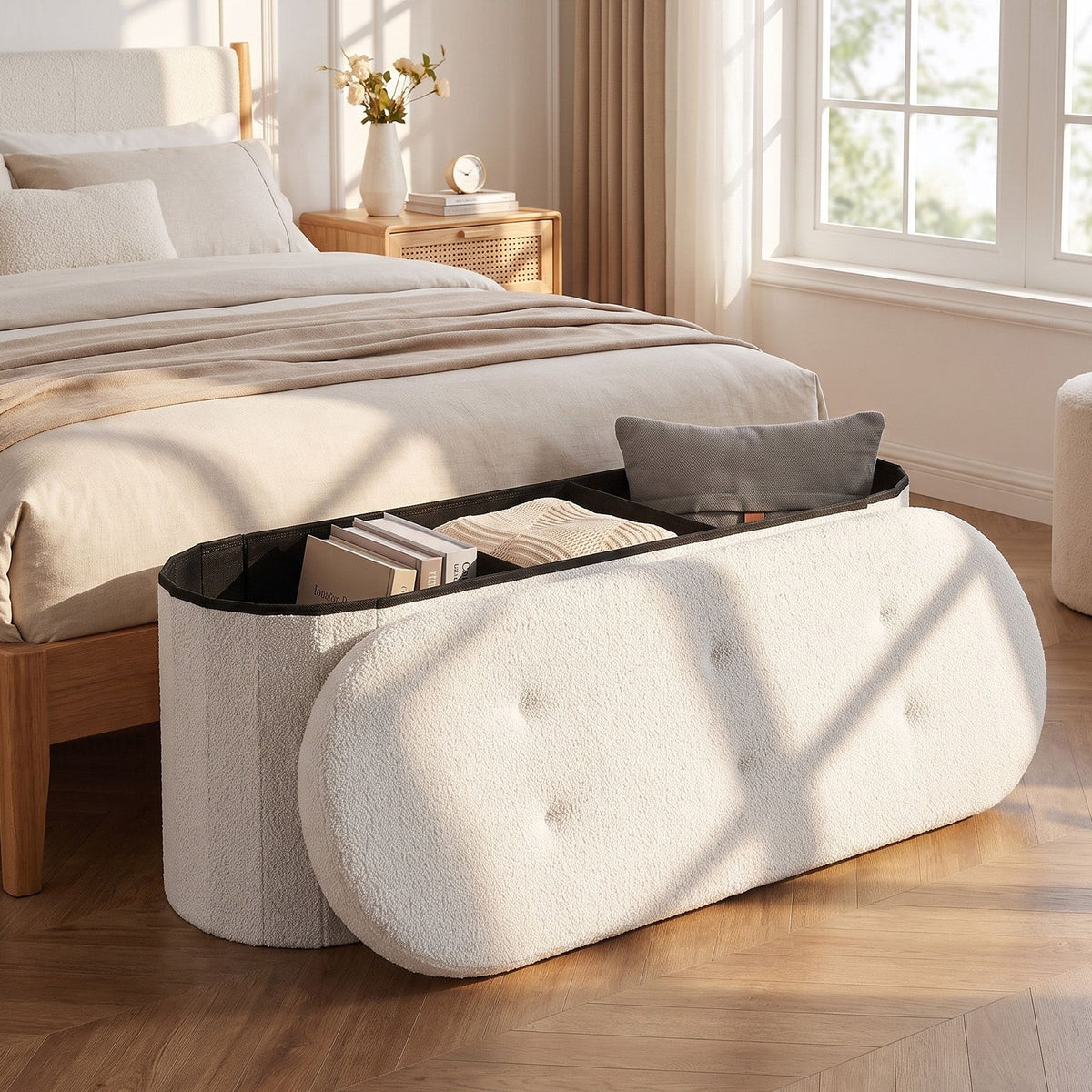 109cm Oval Storage Ottoman Bench with Dividers & Folding Boucle Footrest for Entryway