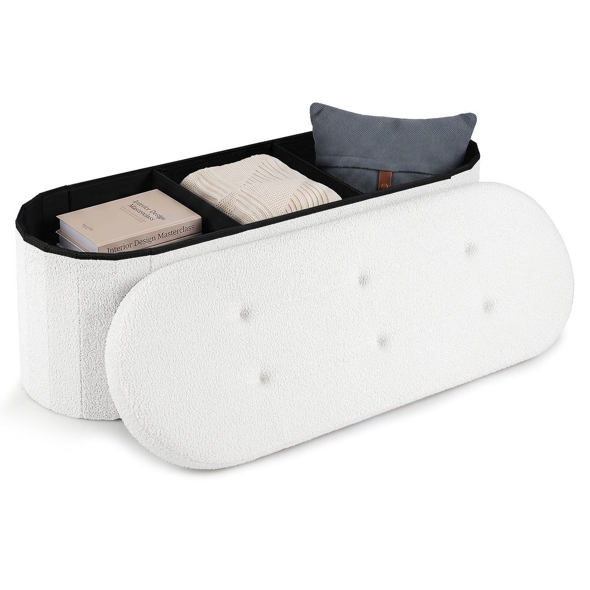 109cm Oval Storage Ottoman Bench with Dividers & Folding Boucle Footrest for Entryway