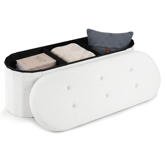109cm Oval Storage Ottoman Bench with Dividers & Folding Boucle Footrest for Entryway
