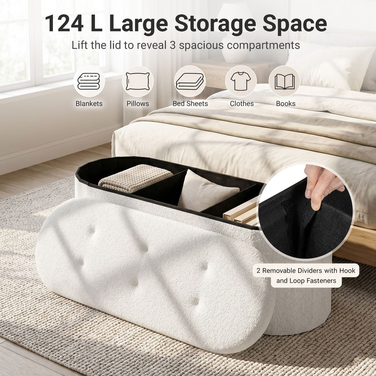 109cm Oval Storage Ottoman Bench with Dividers & Folding Boucle Footrest for Entryway