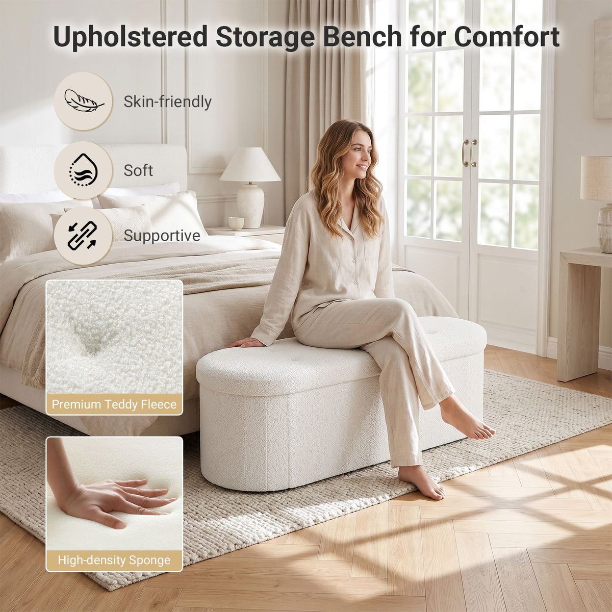109cm Oval Storage Ottoman Bench with Dividers & Folding Boucle Footrest for Entryway