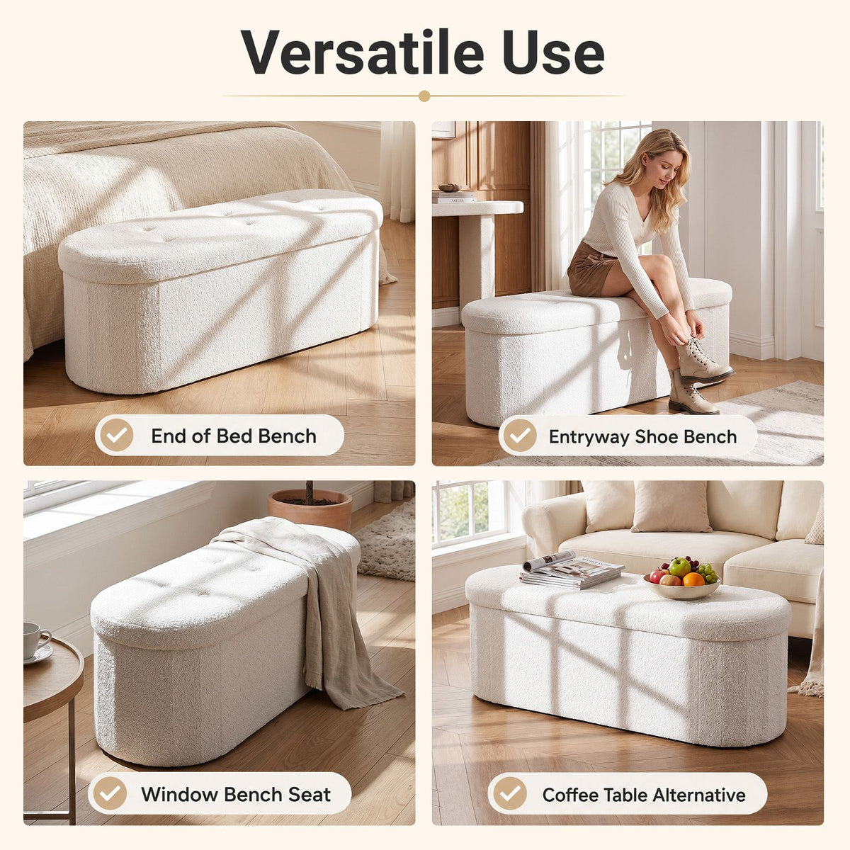 109cm Oval Storage Ottoman Bench with Dividers & Folding Boucle Footrest for Entryway