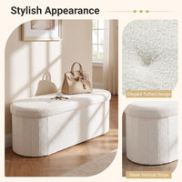 109cm Oval Storage Ottoman Bench with Dividers & Folding Boucle Footrest for Entryway
