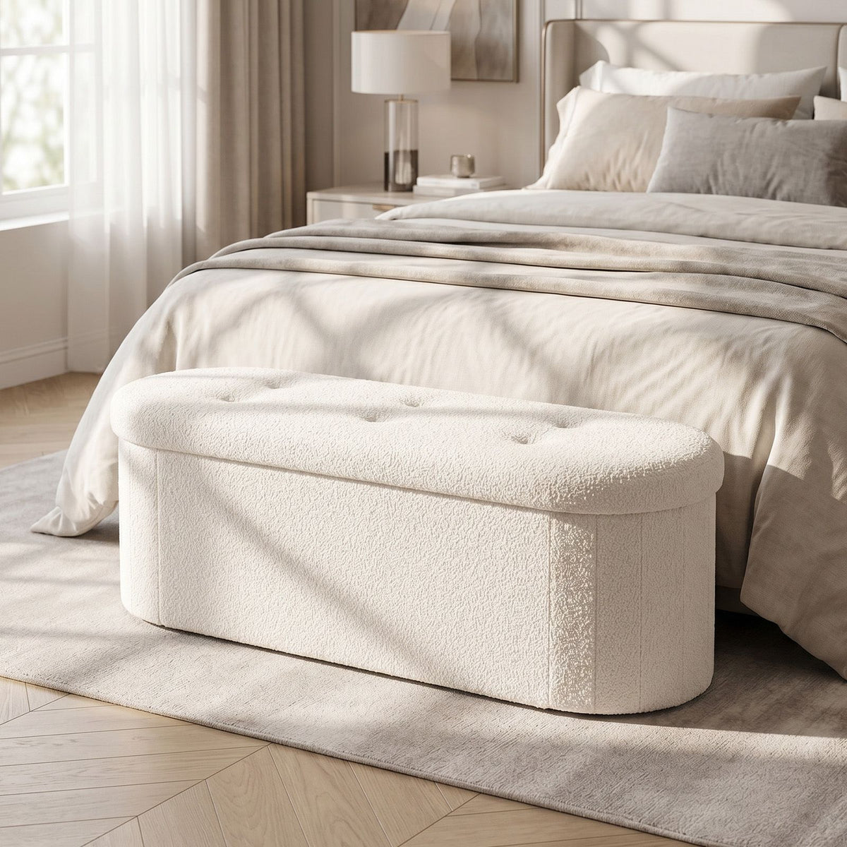 109cm Oval Storage Ottoman Bench with Dividers & Folding Boucle Footrest for Entryway