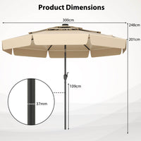 3m Solar Patio Umbrella w/ 32 LED Lights 3-Tier Vented Top Tilt Adjustment Beach