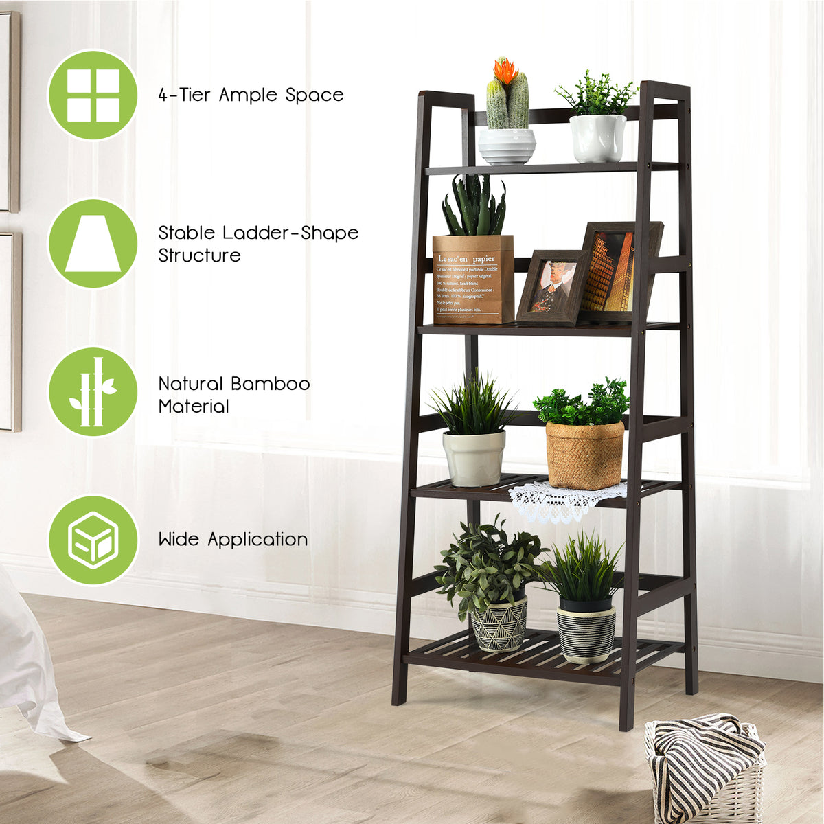 Freestanding 4-Tier Bamboo Plant Rack with Guardrails