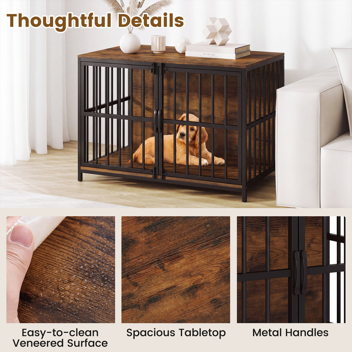 Heavy-duty Dog Crate Furniture, 100 cm Dog Kennel with Dual Lockable Double Doors