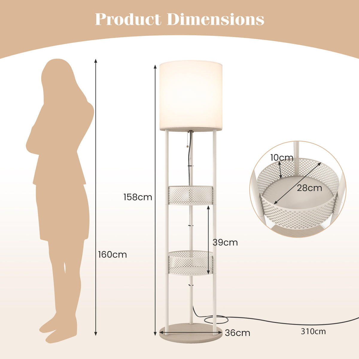 Modern Floor Lamp with 3-Tier Shelves and Pull Chain Switch