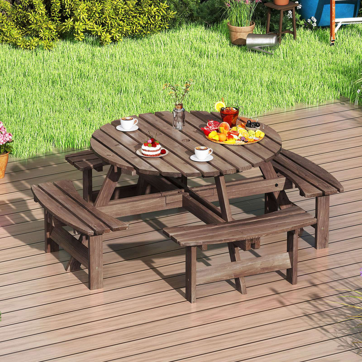 Round Picnic Table Set Patio Dining Camping Table w/ Built-in 4 Benches