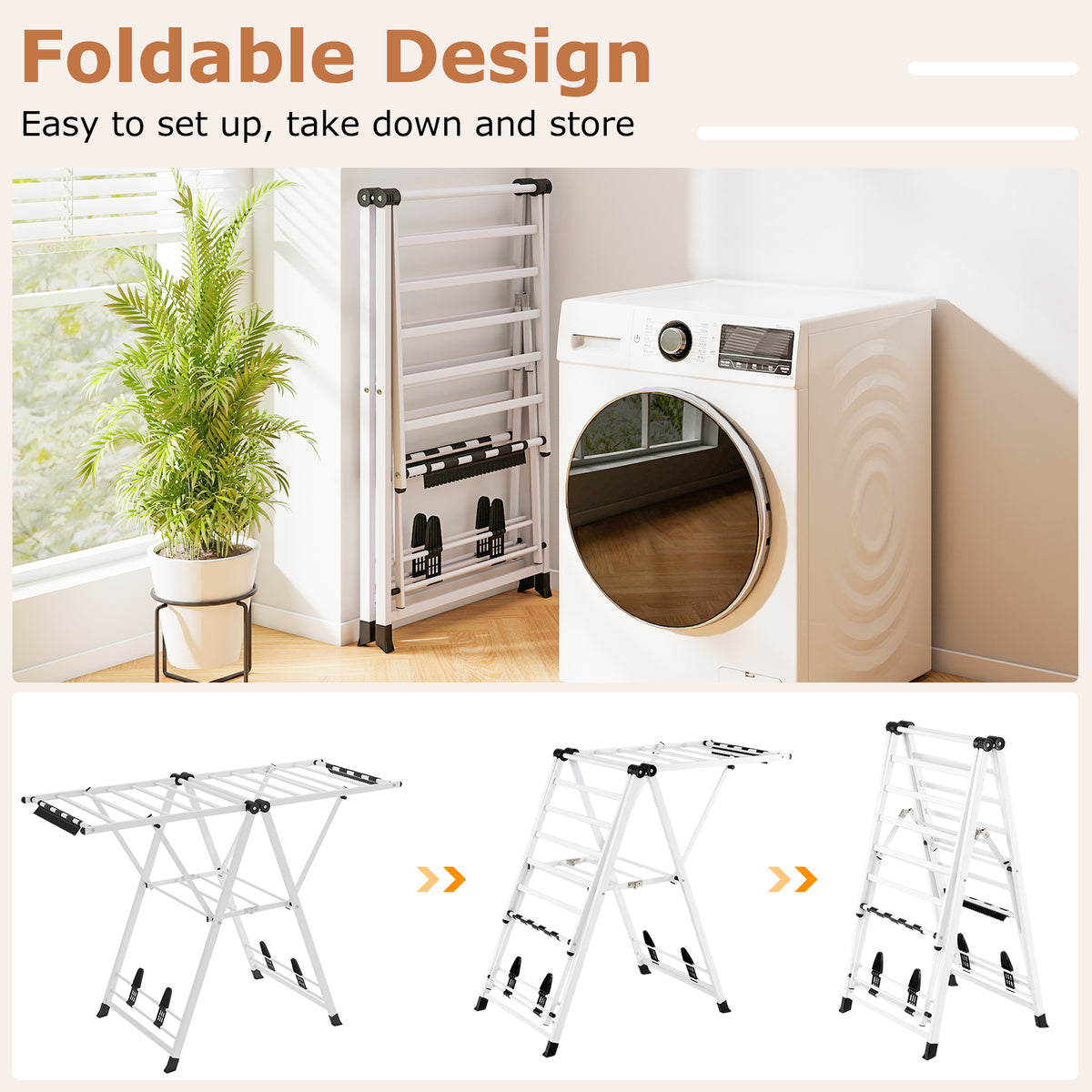 Foldable Metal Laundry Drying Rack with Height Adjustable Wings, 16 Drying Rails