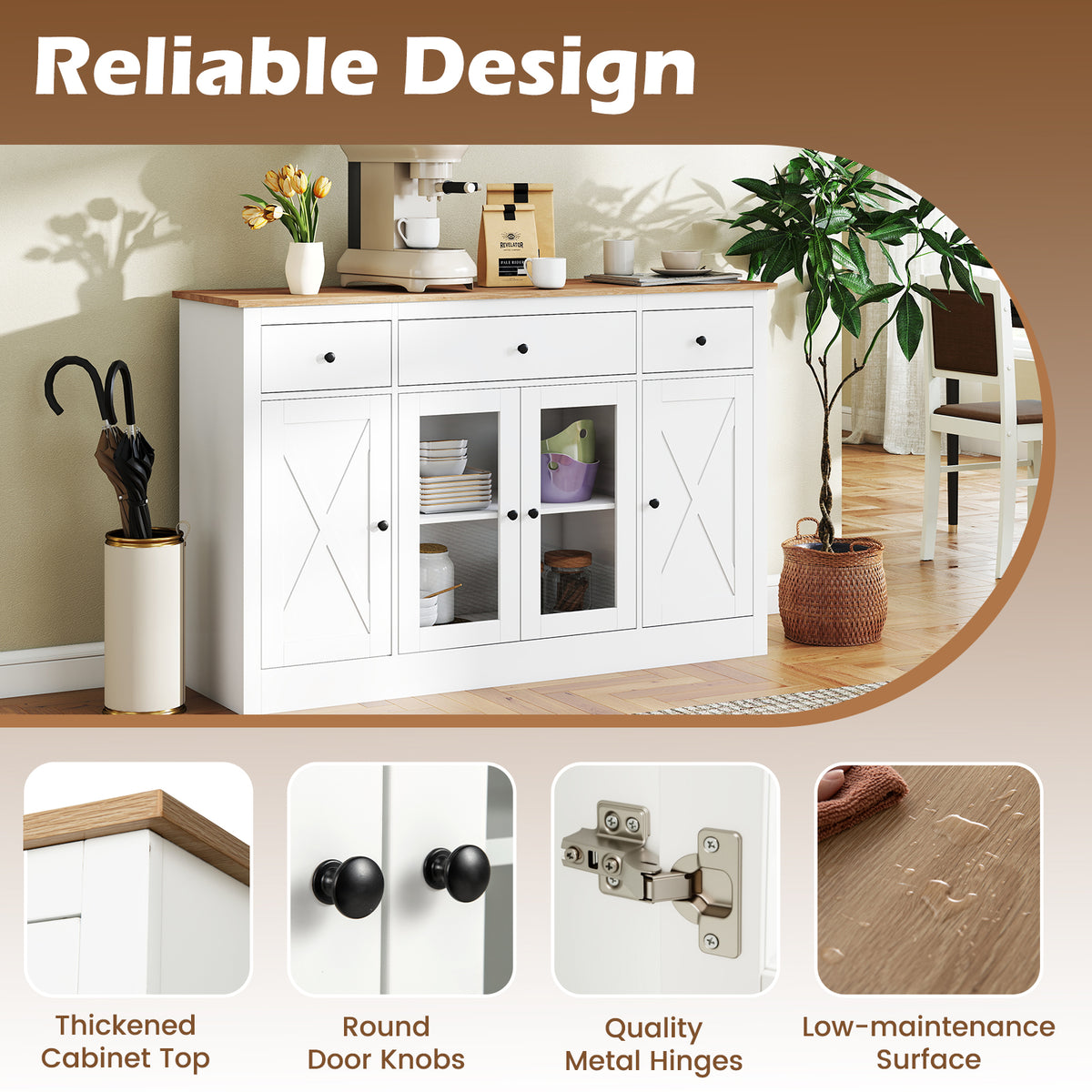 140 cm Large Buffet Sideboard, Kitchen Storage Cabinet with 3 Drawers