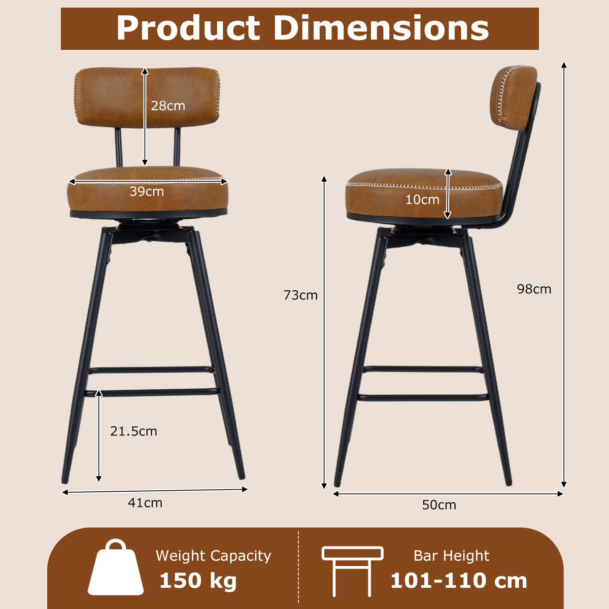 Swivel Bar Stools Set of 2 with Padded Back and Metal Legs