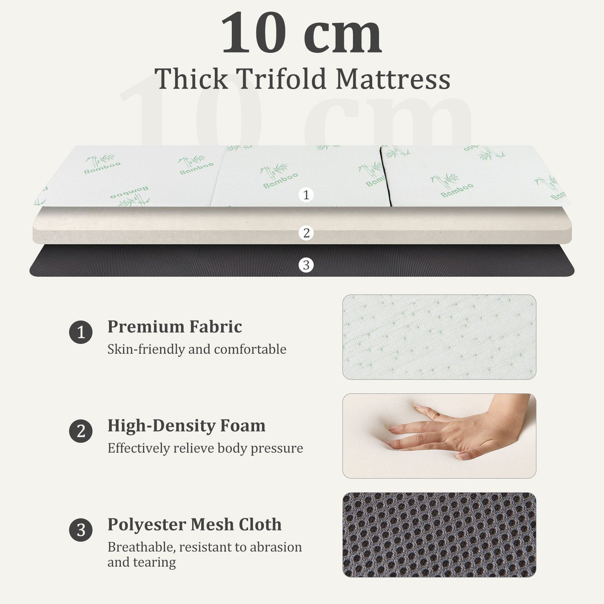 10cm Tri-Fold Floor Mattress with Washable Cover for Camping and Yoga